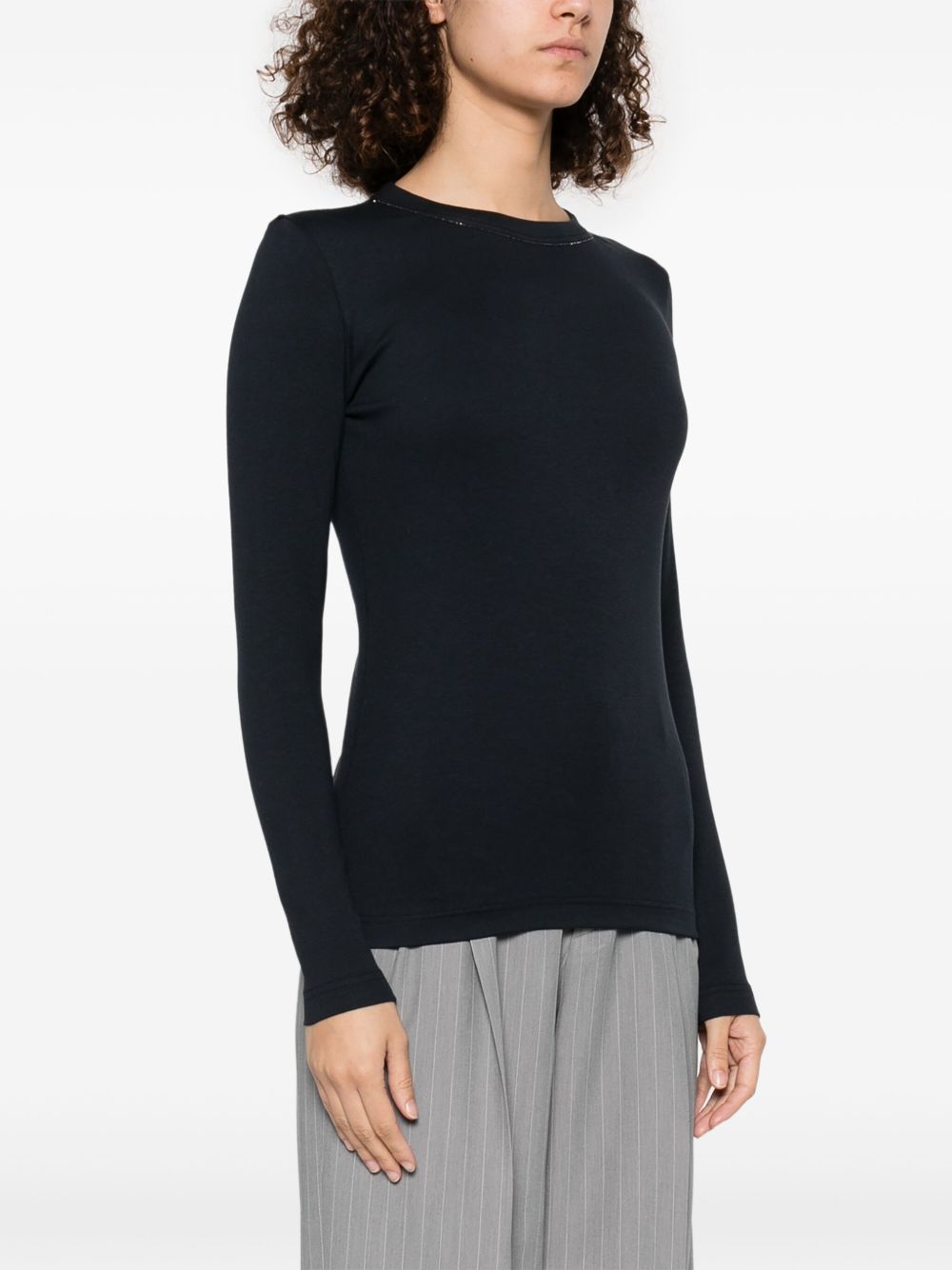 Fabiana Filippi Black Filo Diamante‑Detail T‑Shirt — Navy Cotton Crewneck