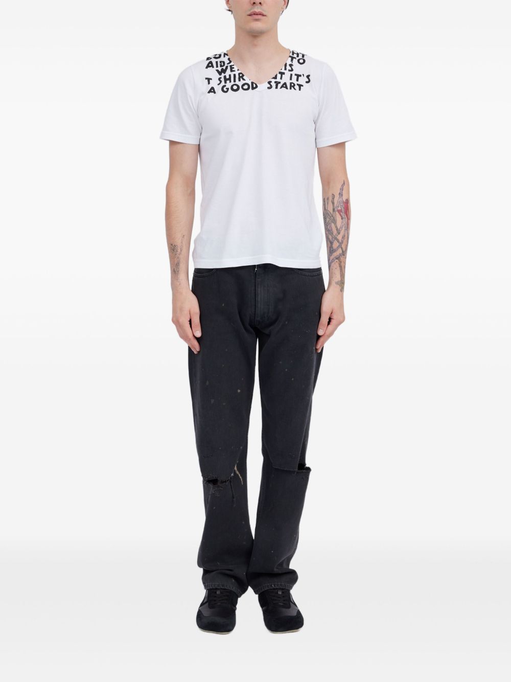 T-shirt col V en coton blanc MM6 Maison Margiela