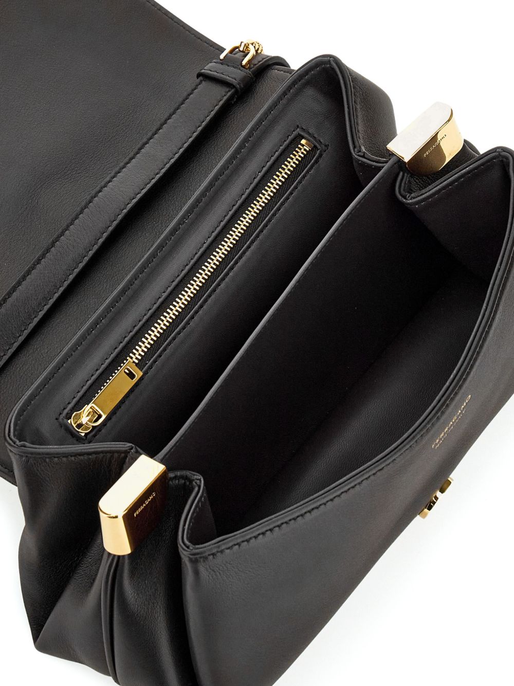 Ferragamo small front flap shoulder bag in black calf leather