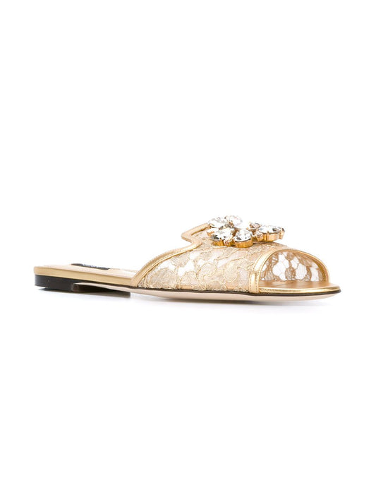 Dolce & Gabbana Golden Lace Sandals with Crystals