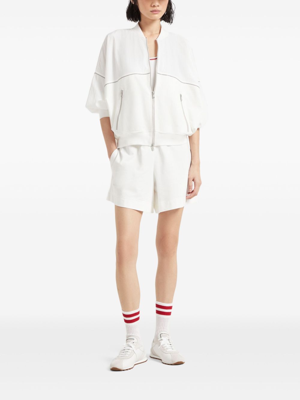 Top Brunello Cucinelli de algodón blanco acanalado con ribete en contraste