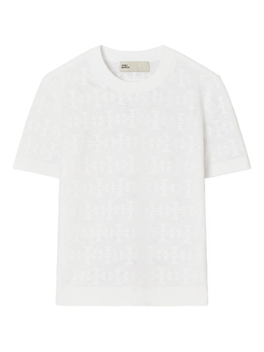 Tory Burch White Monogram T‑Shirt — Textured Elegance