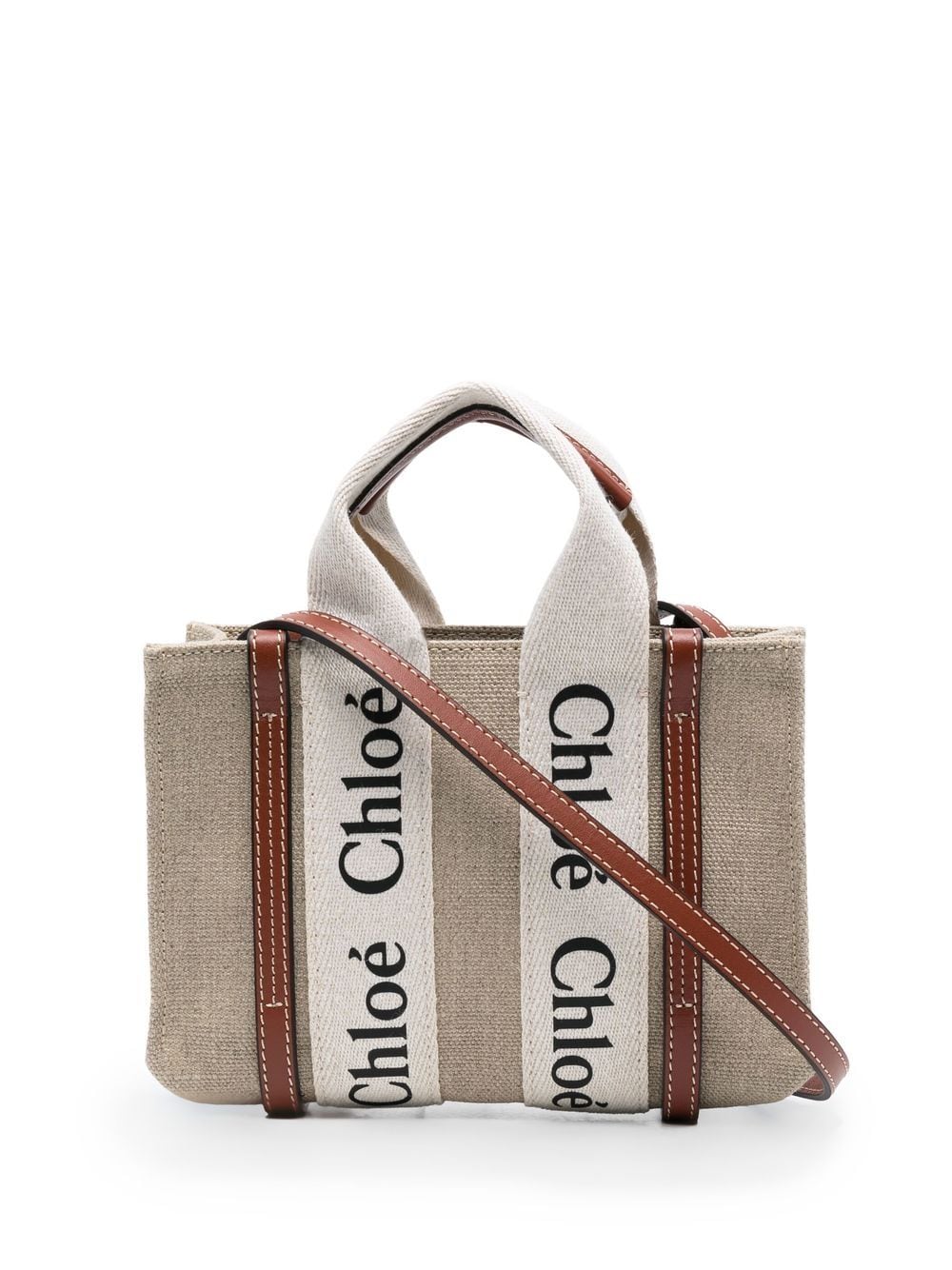 Petit sac cabas en lin Chloé Woody avec bordure en cuir