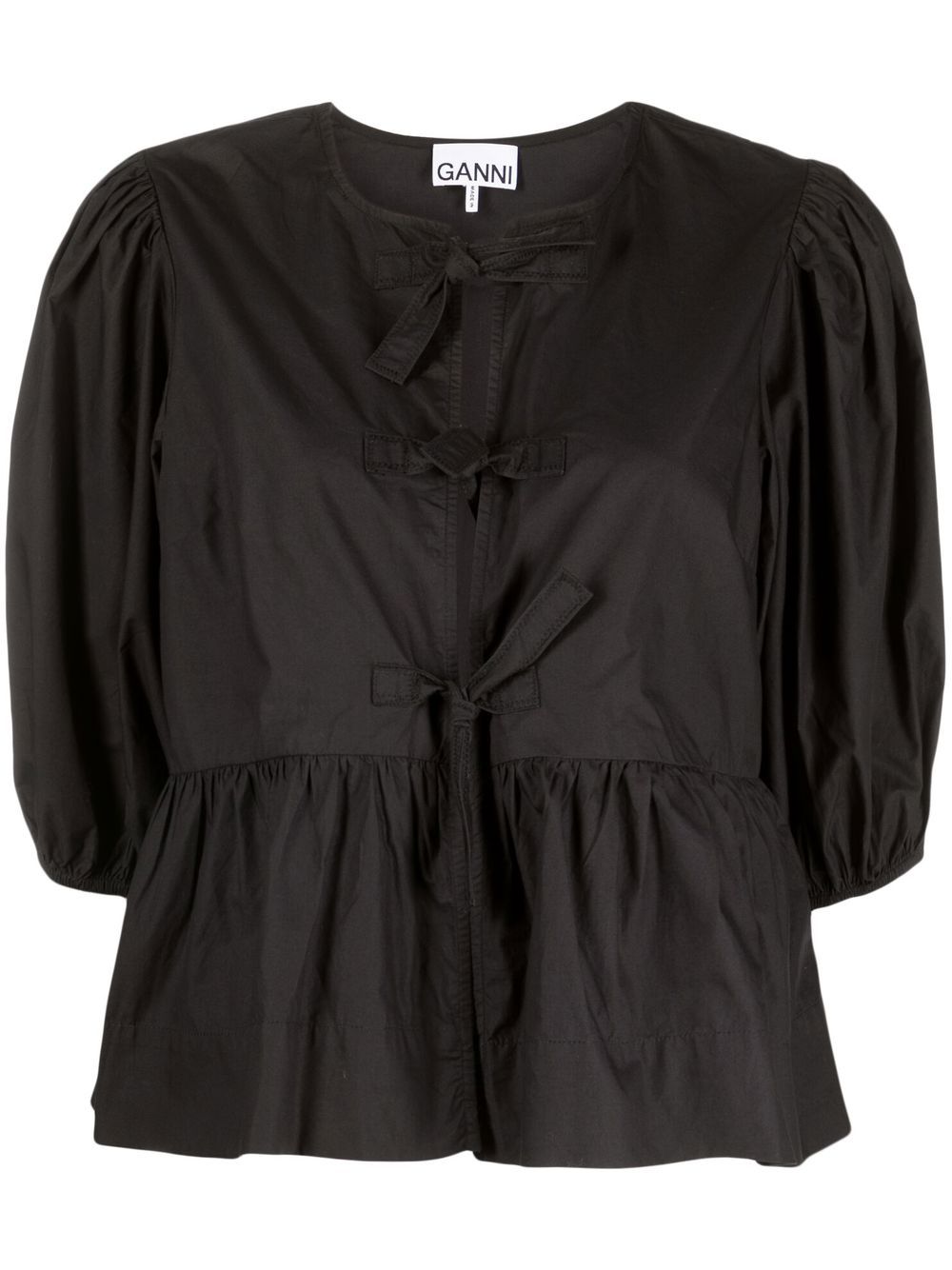 GANNI Black Cotton Peplum Top — Bow-Front Puff Sleeve Top
