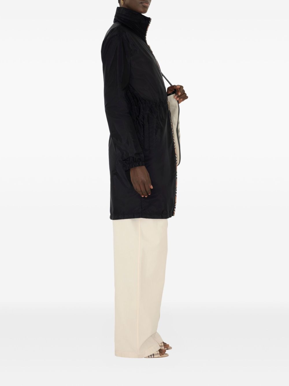 Burberry Coats Black — Refined Nylon Coat with Signature Check