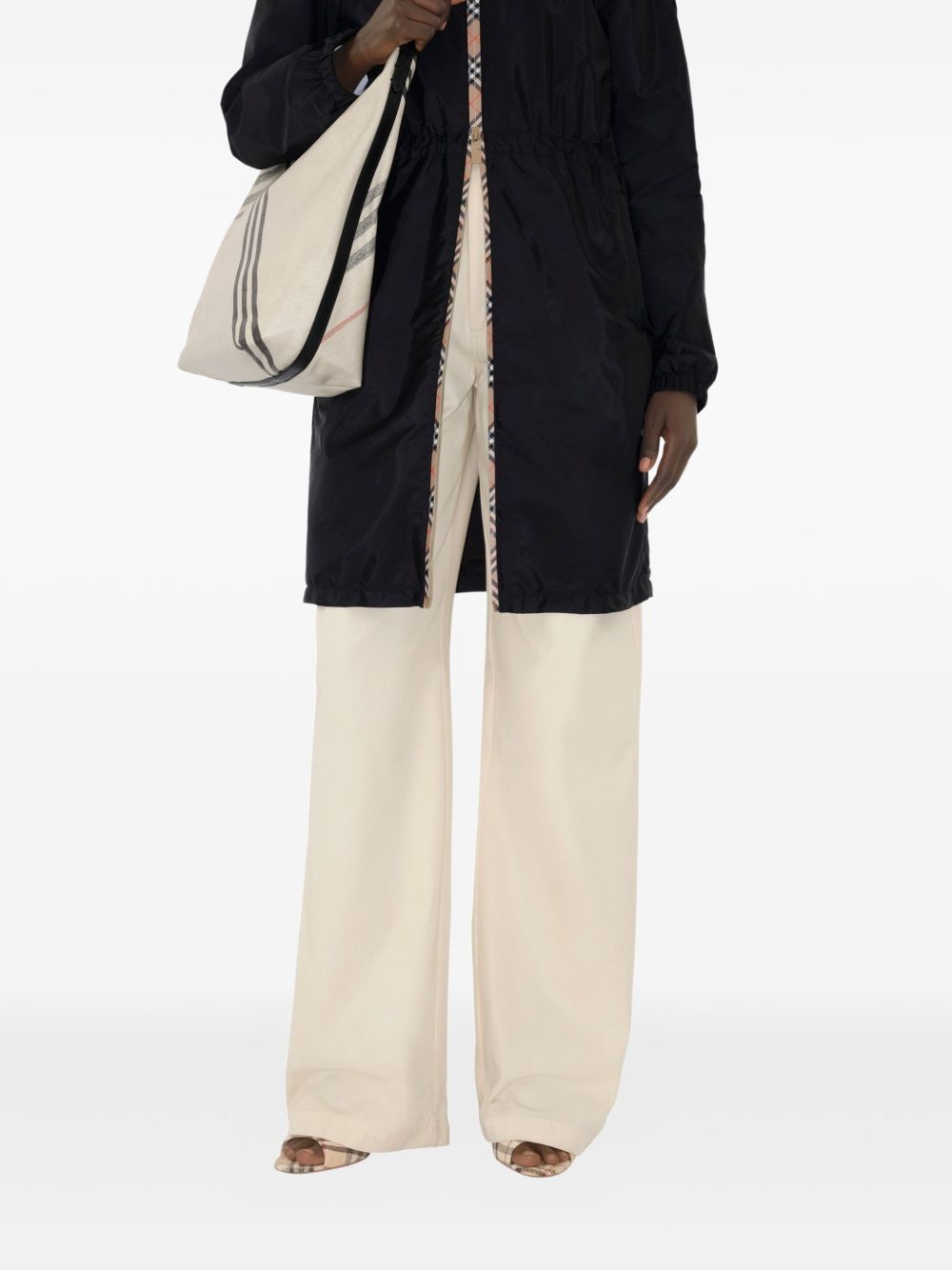 Burberry Coats Black — Refined Nylon Coat with Signature Check