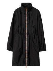 Burberry Coats Black — Refined Nylon Coat with Signature Check