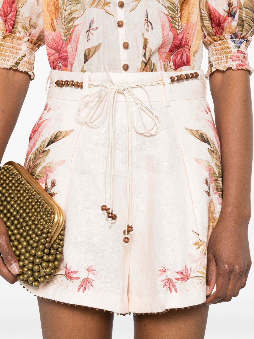 Zimmermann Beige Shorts — Linen, Beaded Waist