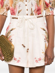 Zimmermann Beige Shorts — Linen, Beaded Waist