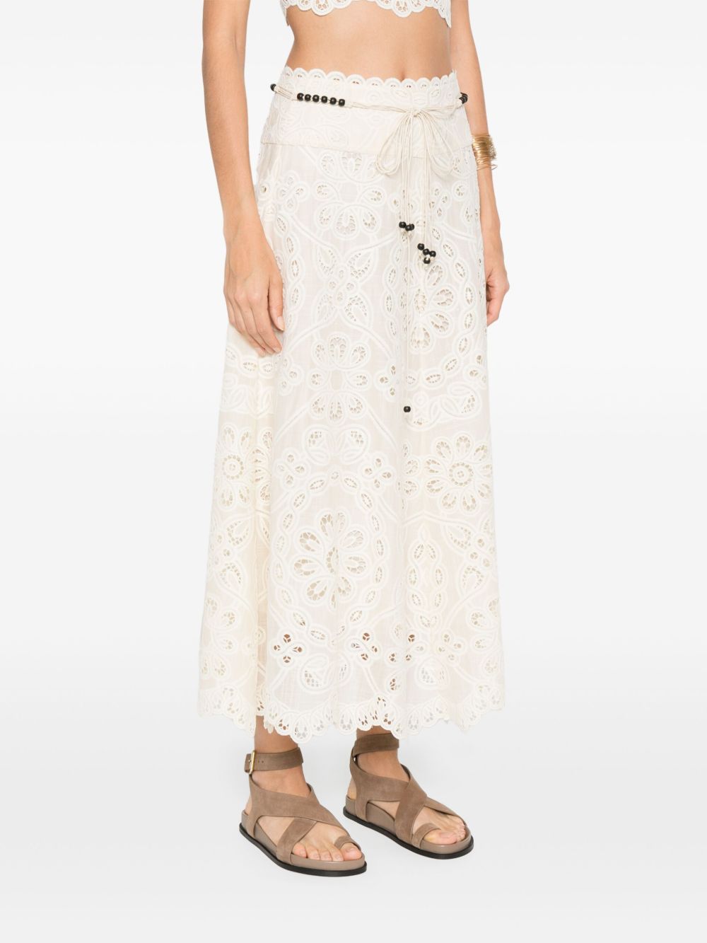 Zimmermann Skirts Ivory — Linen-Feel Floral Tie Skirt