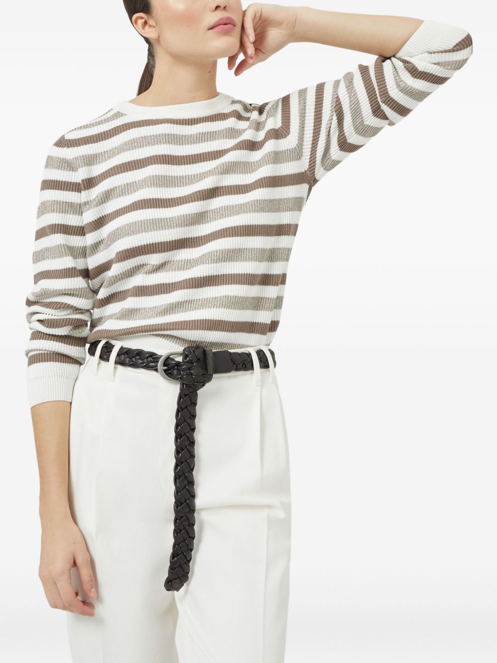 Beige Striped Cotton Crewneck — Brunello Cucinelli Sweater