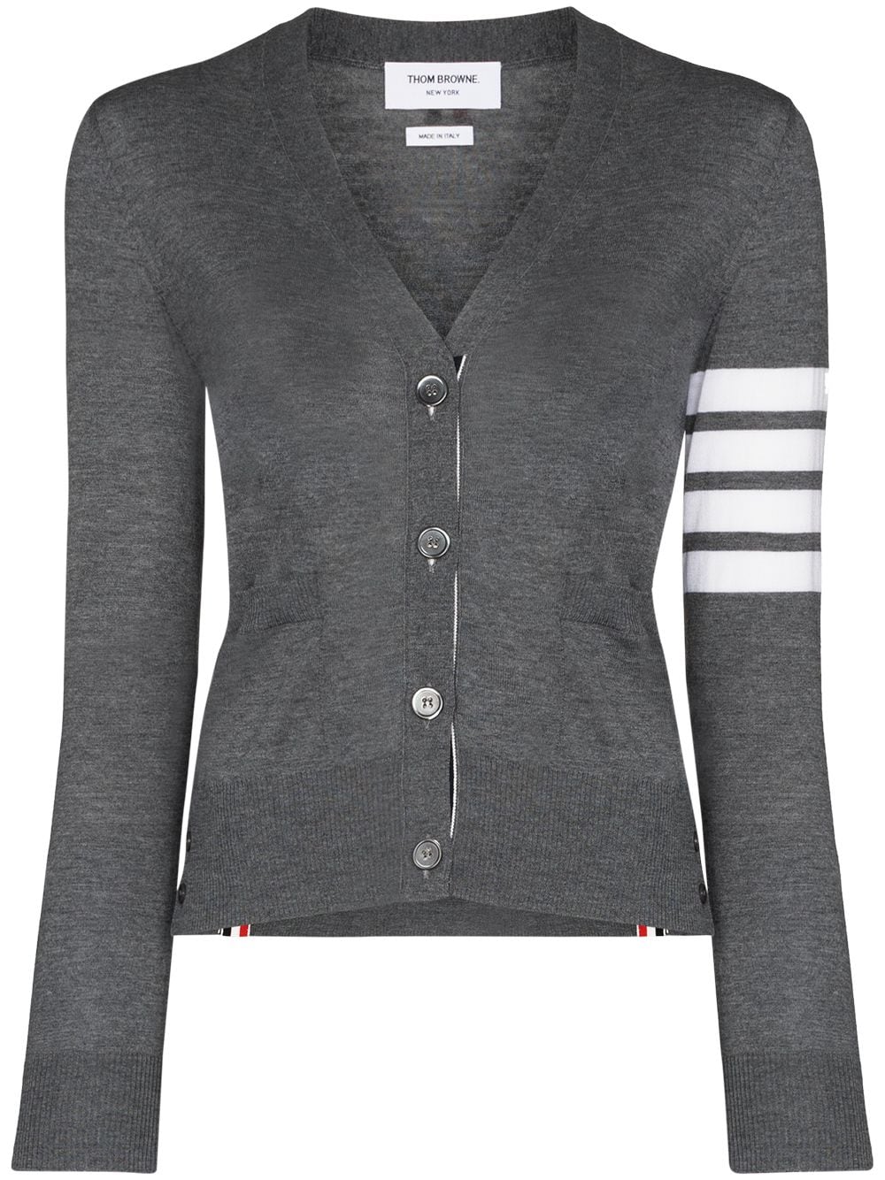 Thom Browne Grey Sweater — Wool V‑Neck Cardigan