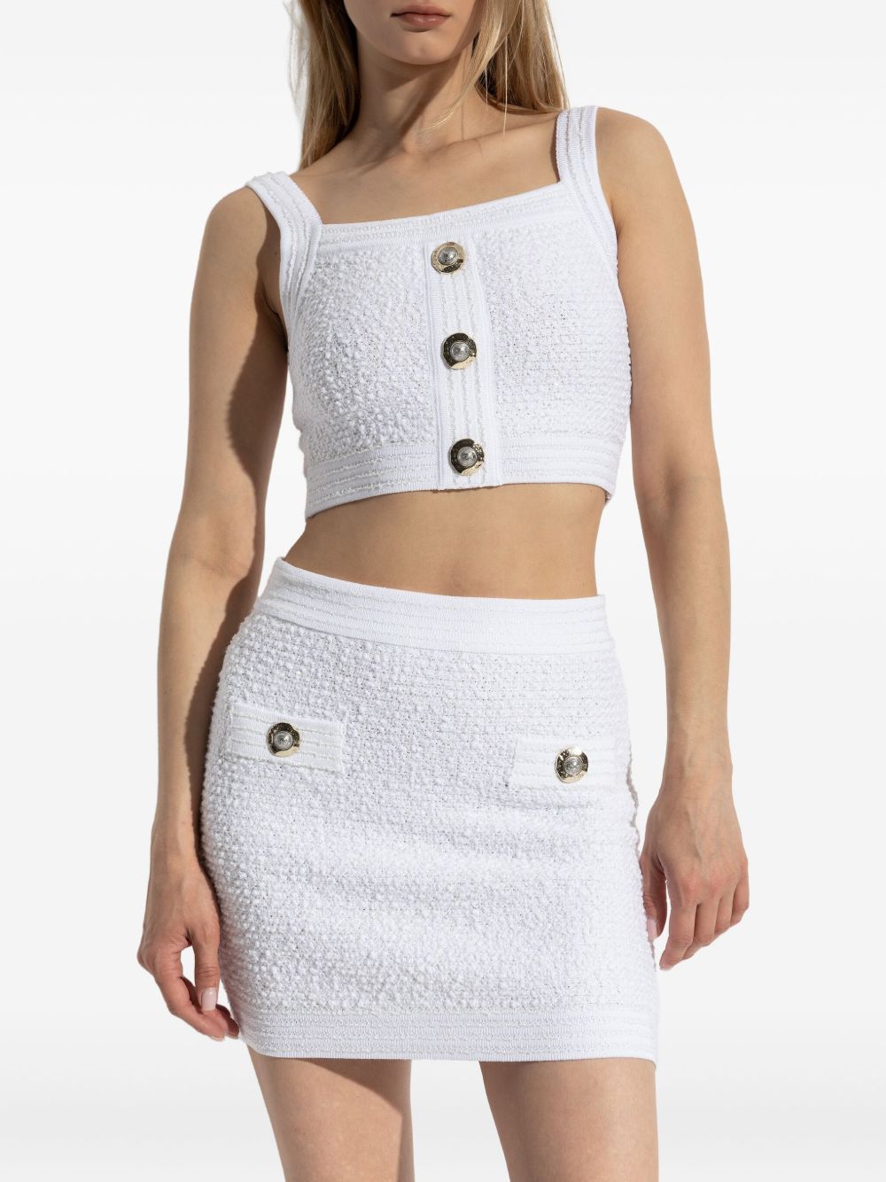 Balmain White Silk Tweed Cropped Top