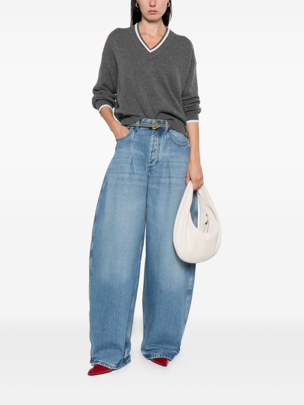 Brunello Cucinelli Grey Cashmere V‑Neck Sweater