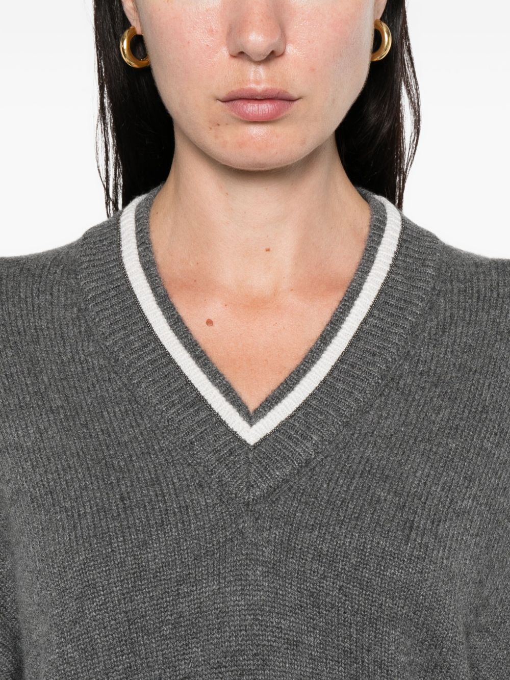 Brunello Cucinelli Grey Cashmere V‑Neck Sweater