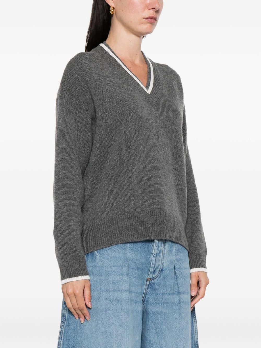 Brunello Cucinelli Grey Cashmere V‑Neck Sweater