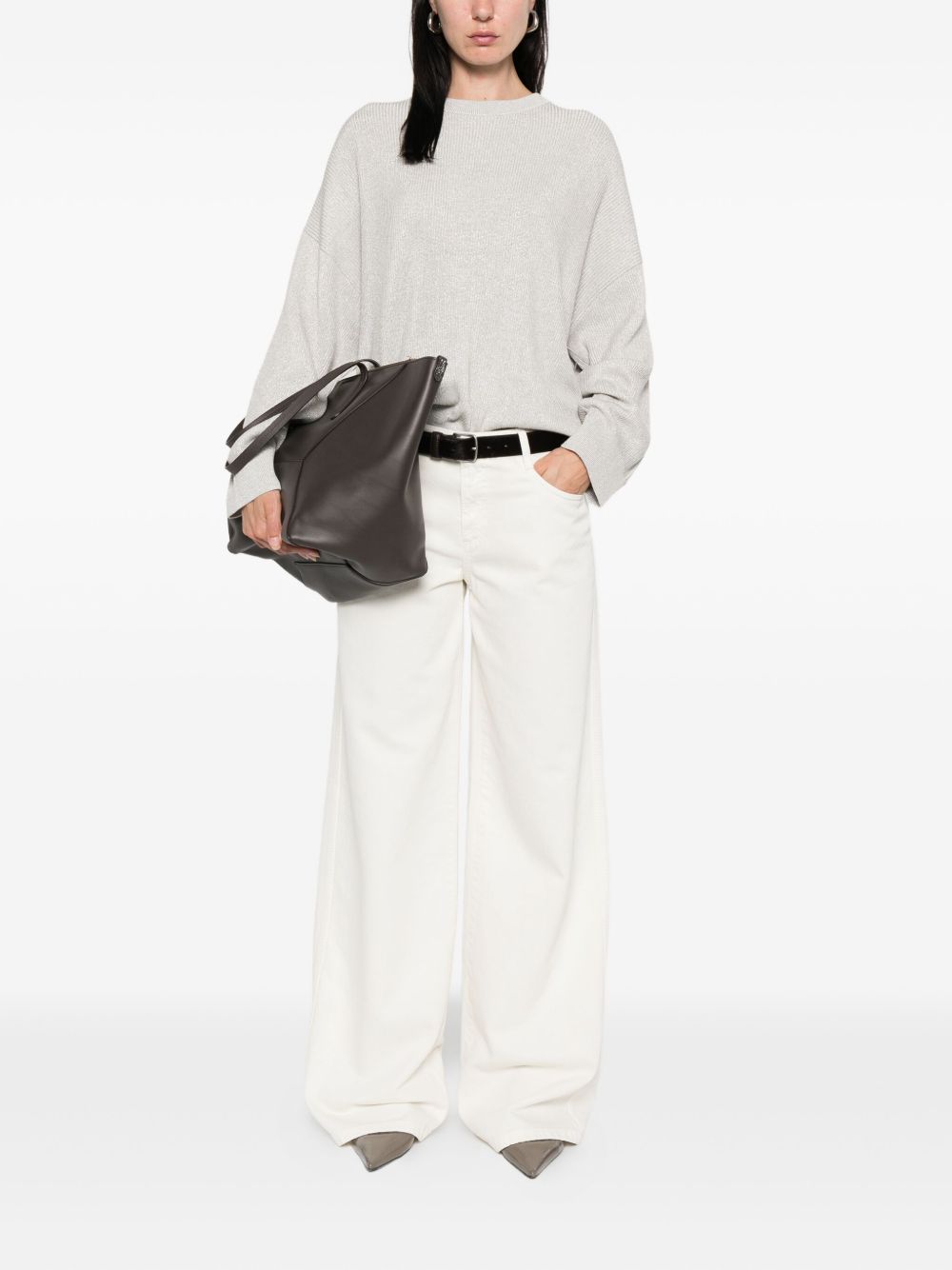 Brunello Cucinelli Grey Cotton Sweater — Ribbed Crewneck