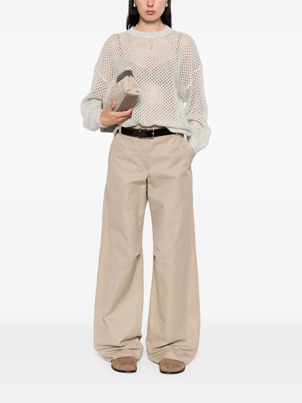 Grey Wool Open‑Knit Sweater — Brunello Cucinelli