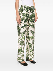 F.R.S. Green Silk Trousers — High‑Waist Wide‑Leg