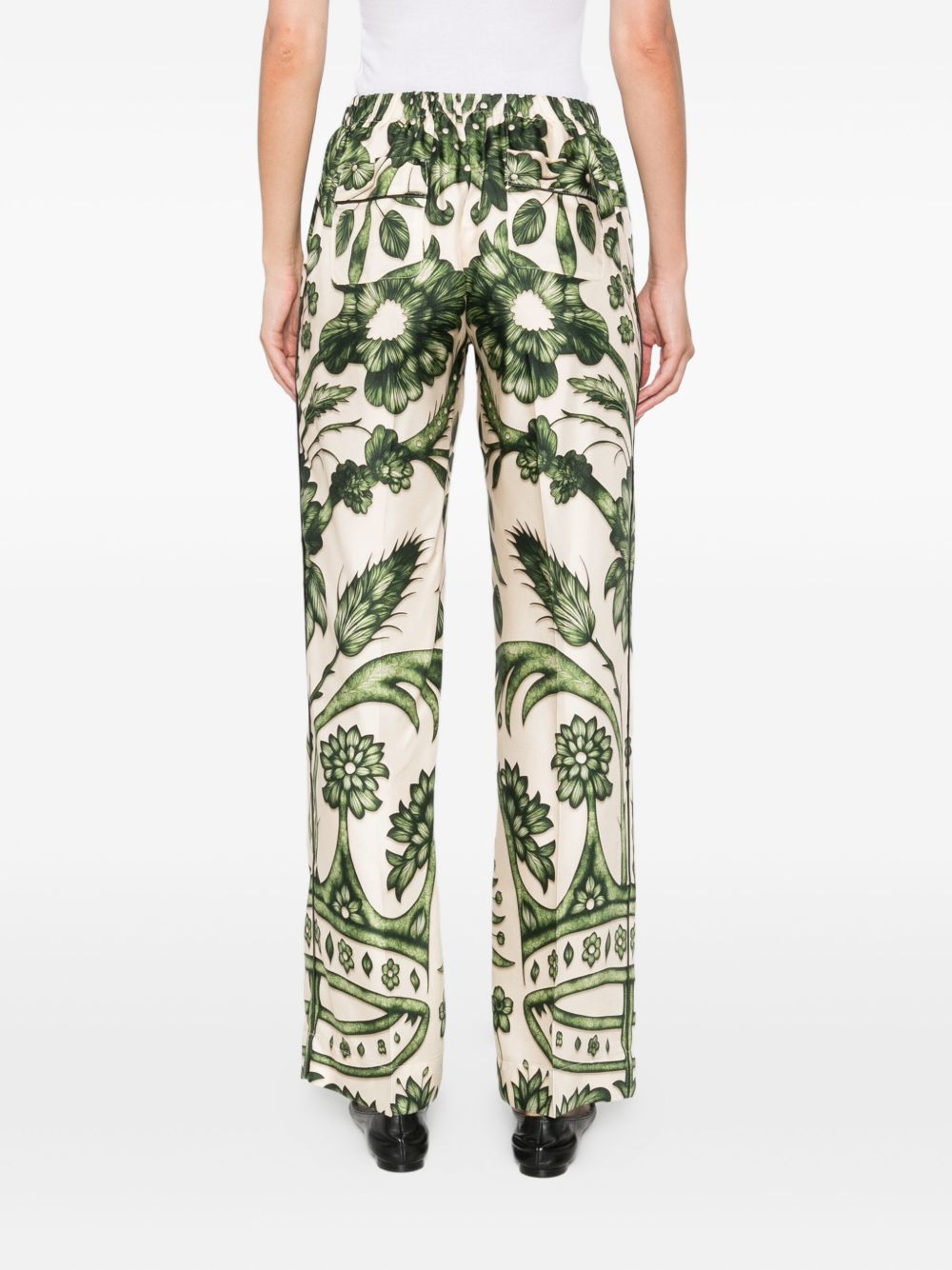 F.R.S. Green Silk Trousers — High‑Waist Wide‑Leg