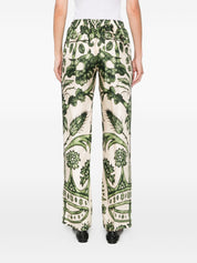 F.R.S. Green Silk Trousers — High‑Waist Wide‑Leg