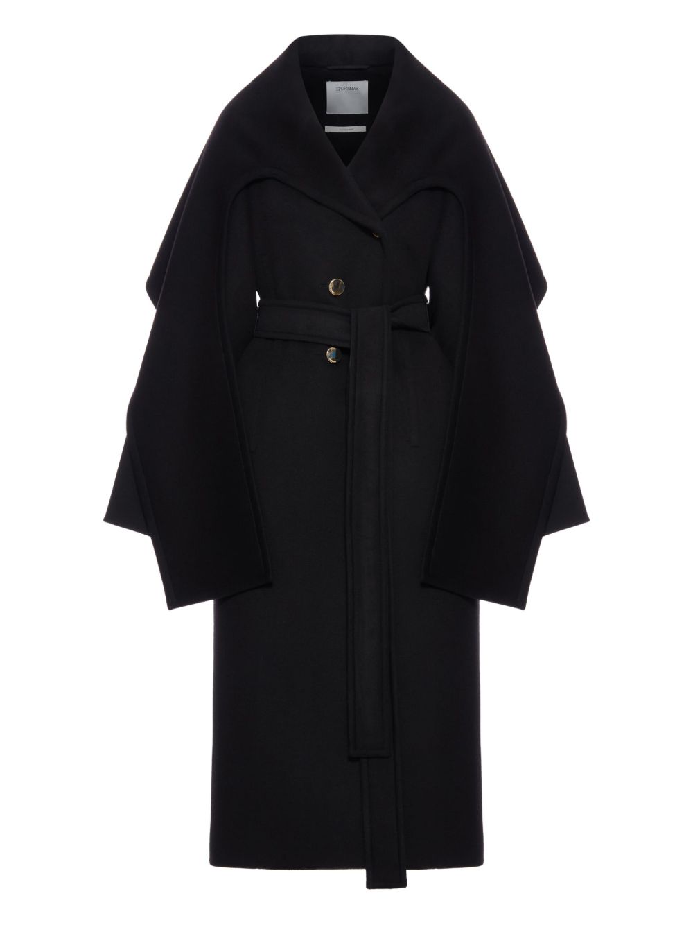 SPORTMAX PRE Black Wool Coat — Shawl Collar, Belted Waist