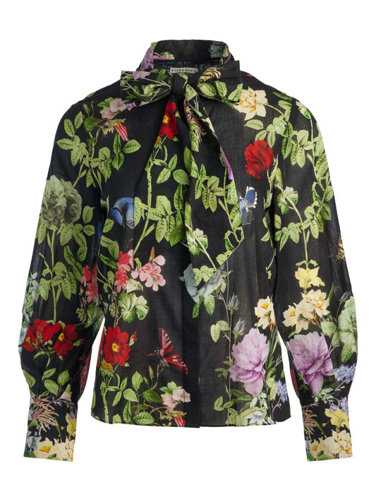 Alice + Olivia Black Shirt — Floral Puff-Sleeve Blouse