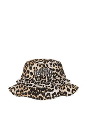 GANNI Brown Leopard Bucket Hat — Canvas, Ruffle Detail