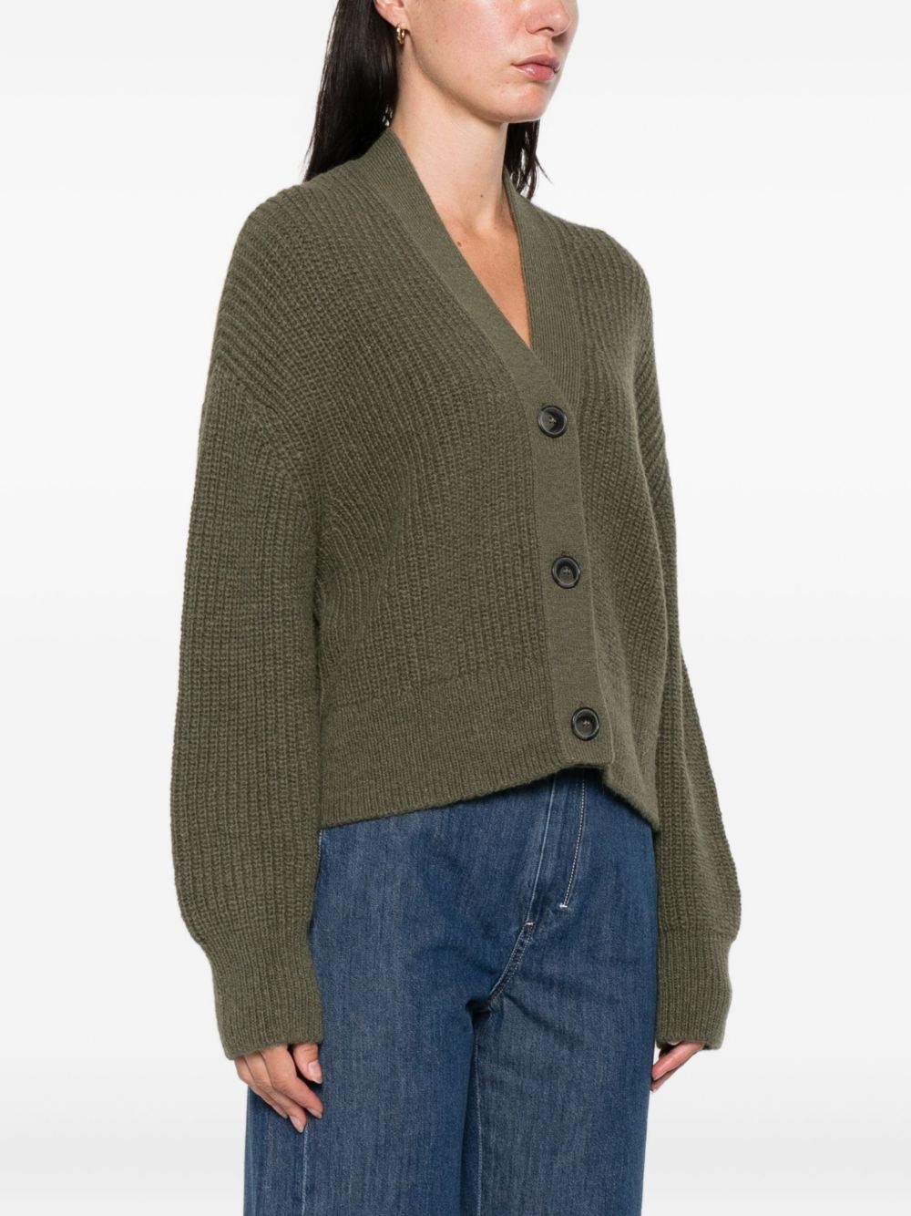 Green wool blend cardigan — Closed ribbed V‑neck