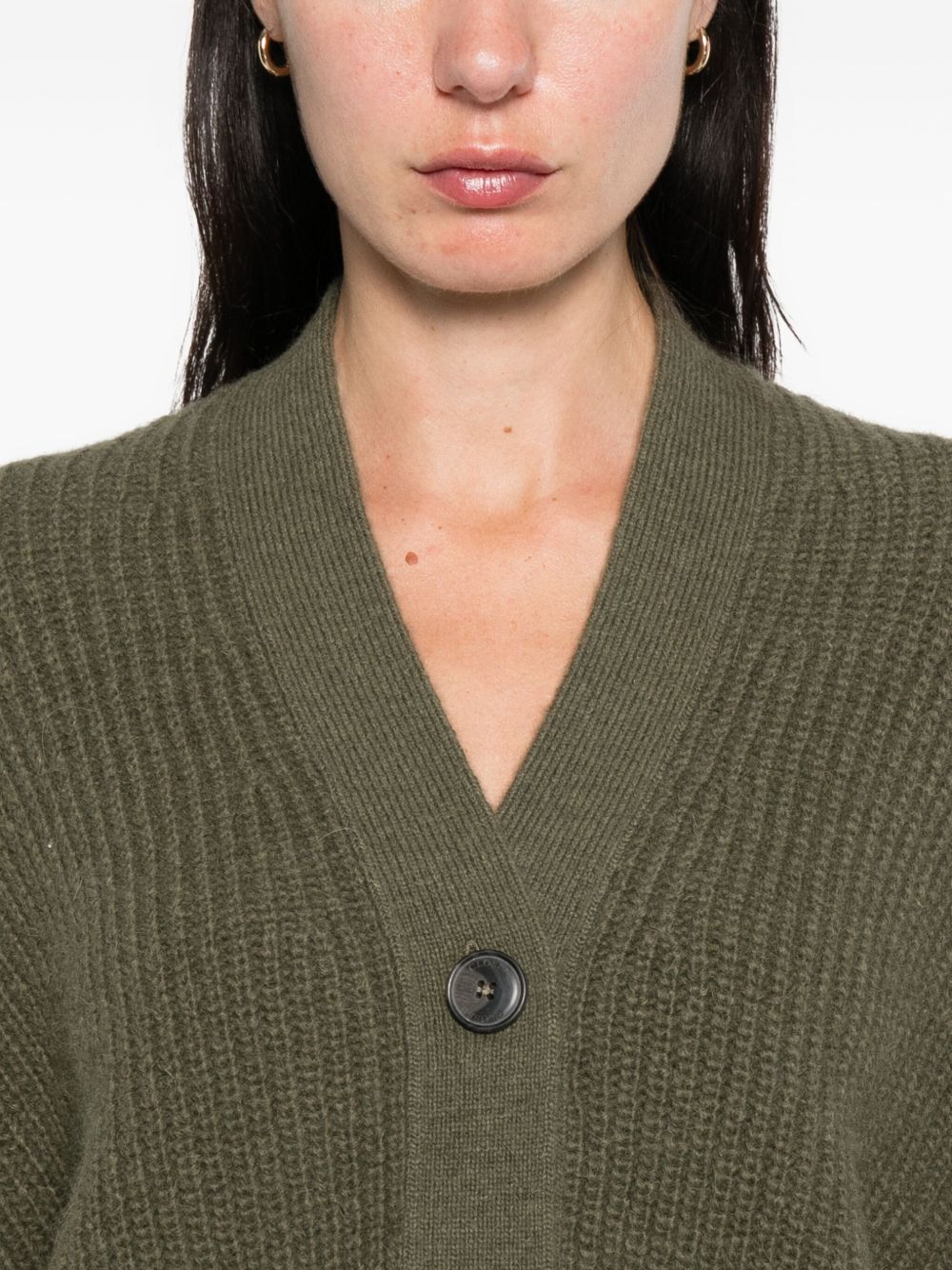 Green wool blend cardigan — Closed ribbed V‑neck