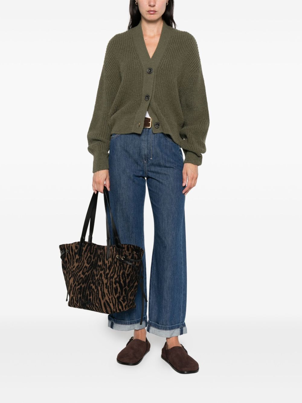 Green wool blend cardigan — Closed ribbed V‑neck