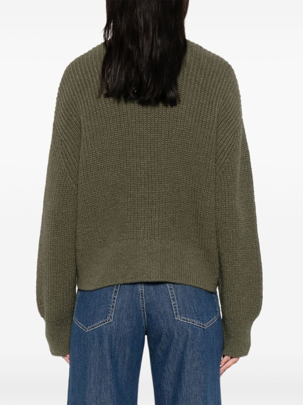 Green wool blend cardigan — Closed ribbed V‑neck