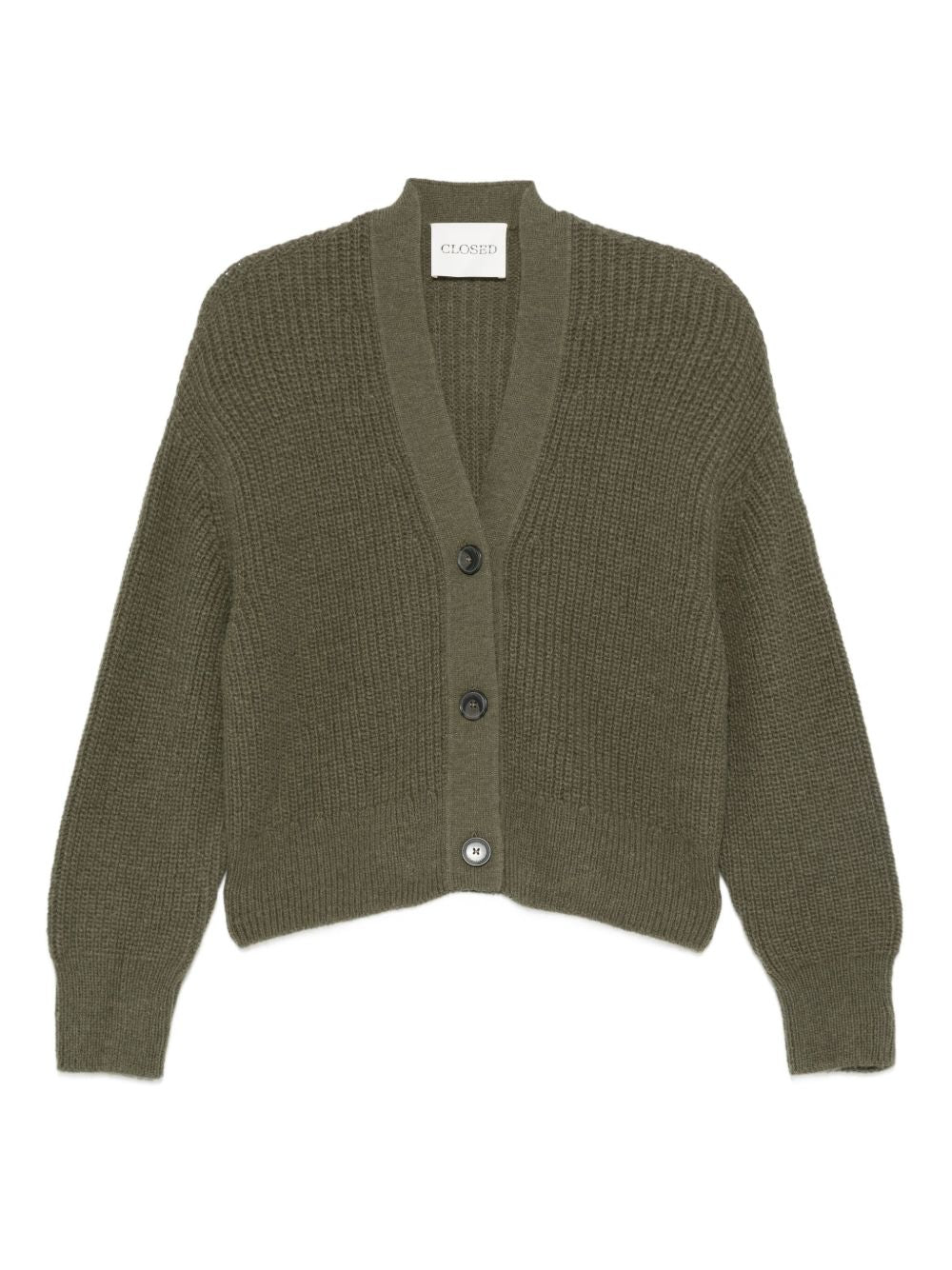 Green wool blend cardigan — Closed ribbed V‑neck
