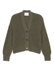 Green wool blend cardigan — Closed ribbed V‑neck