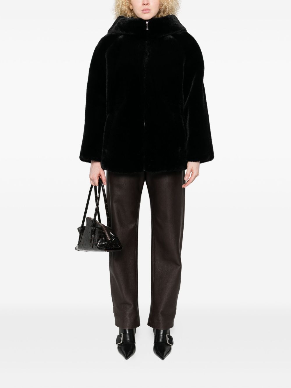 Emporio Armani Black Coat — Luxe Faux-Fur Hooded Jacket