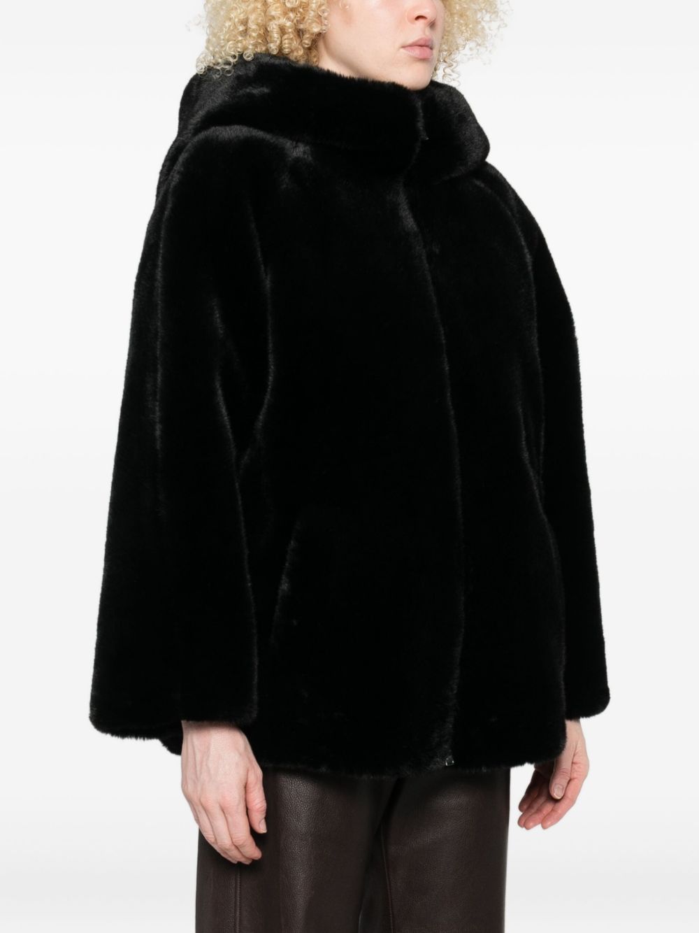 Emporio Armani Black Coat — Luxe Faux-Fur Hooded Jacket