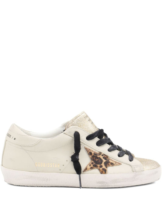 Golden Goose Beige Leather Sneakers — Leopard Star Accent