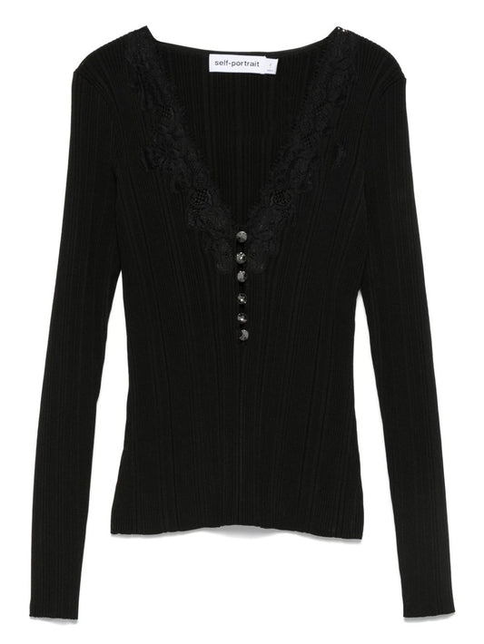 Self‑Portrait Sweaters Black — Ribbed Lace V‑Neck
