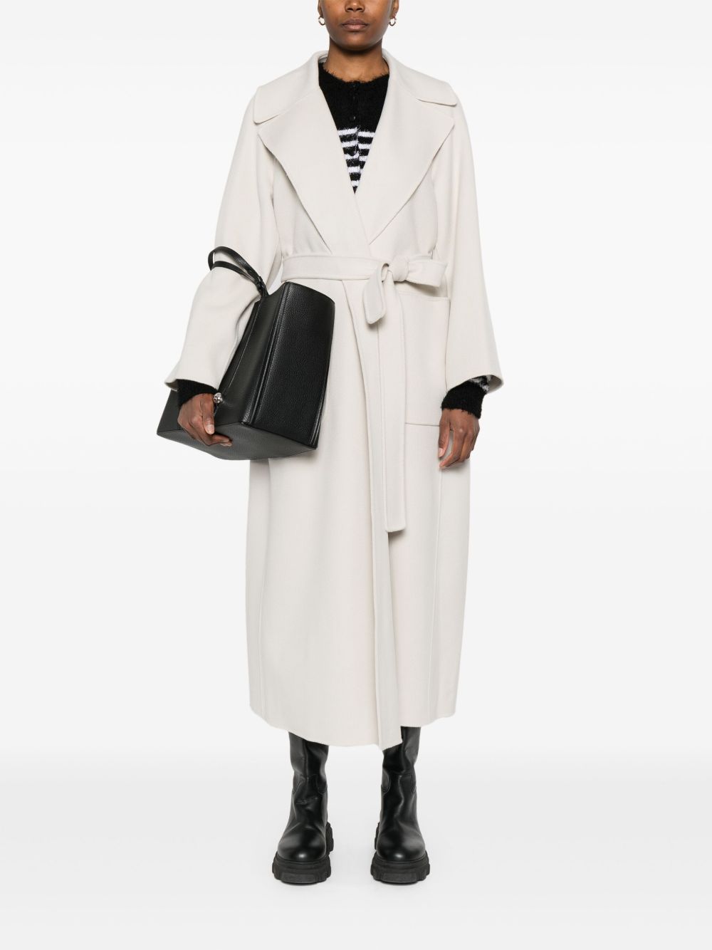 S Max Mara Coats Ivory — Long Wool Belted Coat
