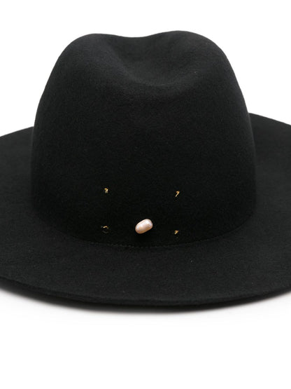 Black Wool Fedora with Pearl Detail