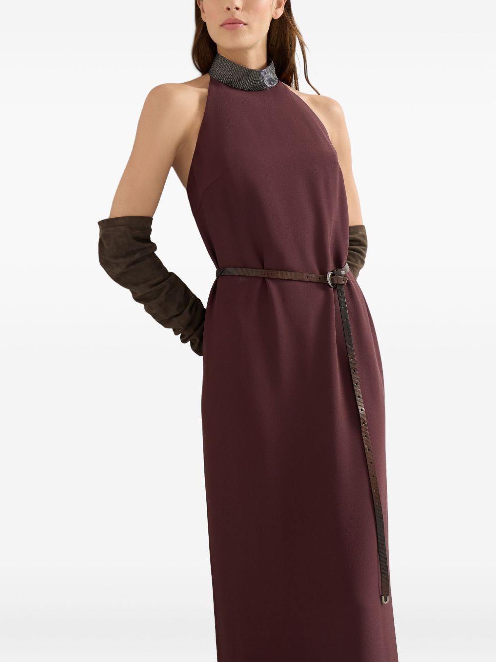 Robe longue en soie mélangée bordeaux Brunello Cucinelli