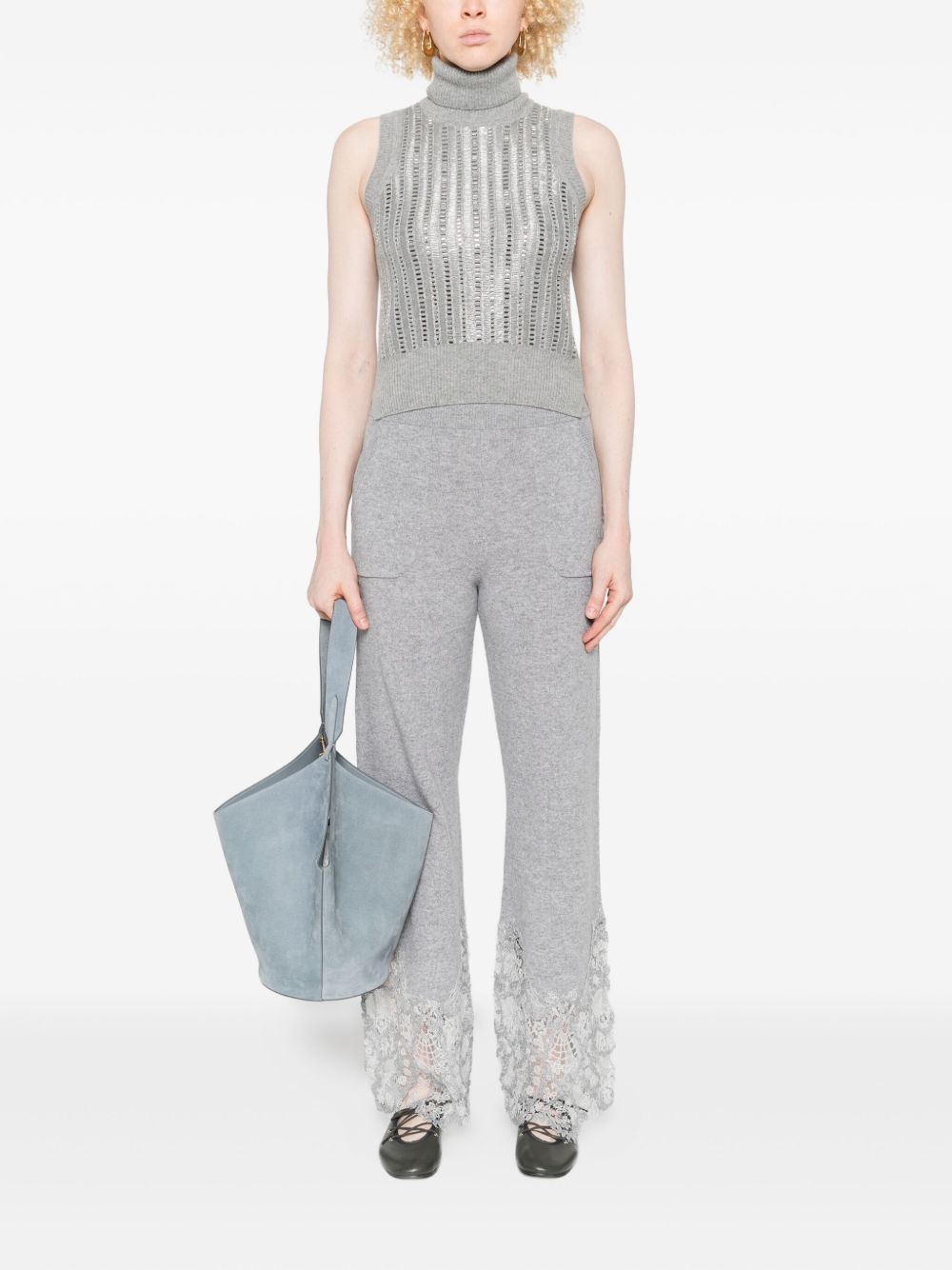 Grey Wool-Blend Sequin Turtleneck Top