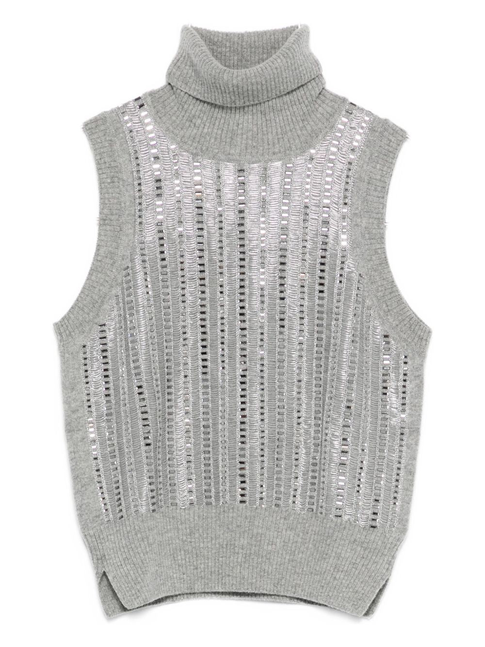 Grey Wool-Blend Sequin Turtleneck Top