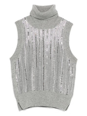Grey Wool-Blend Sequin Turtleneck Top