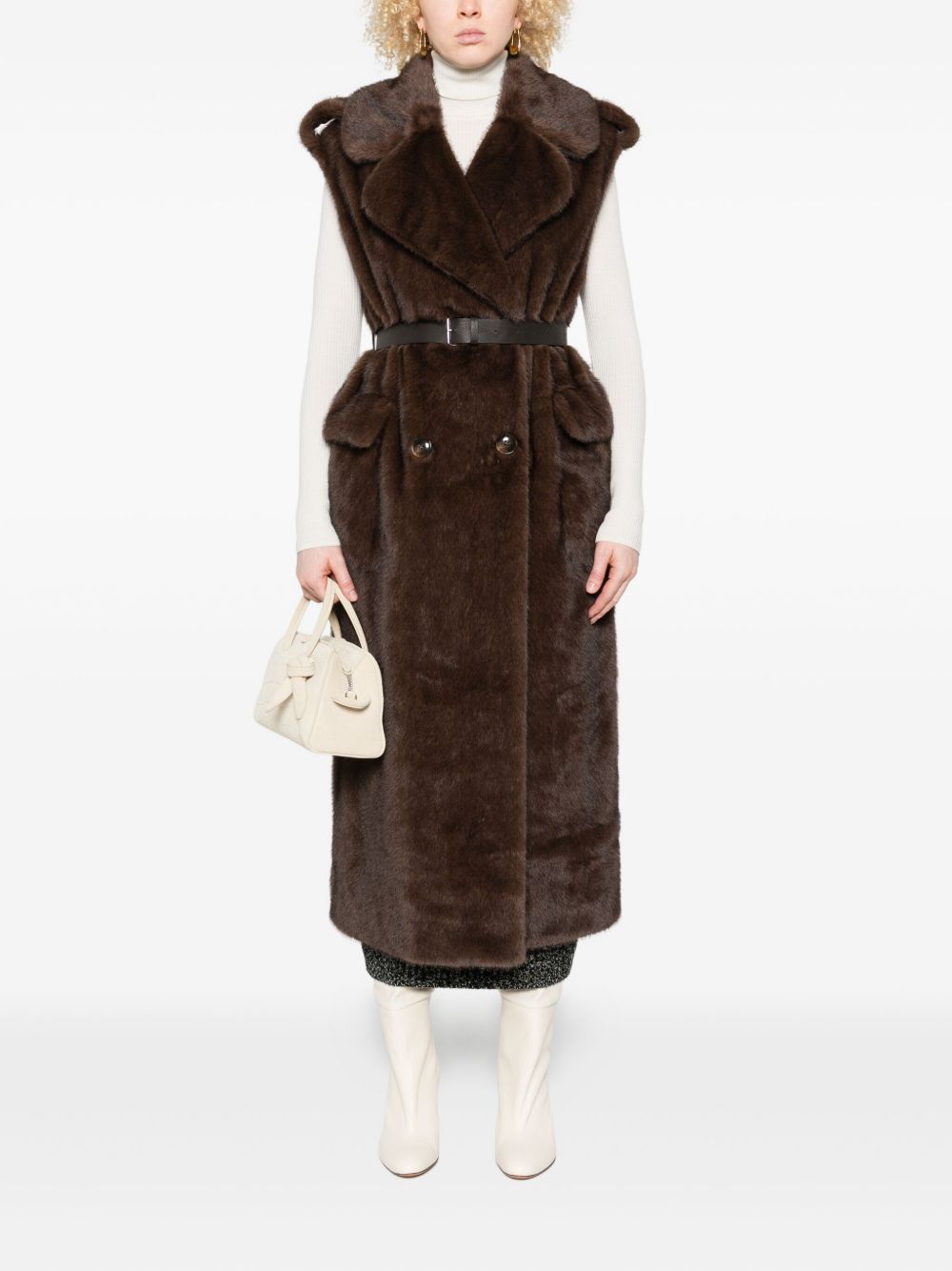 Parosh Brown Faux Fur Sweater — Double‑Breasted Elegance