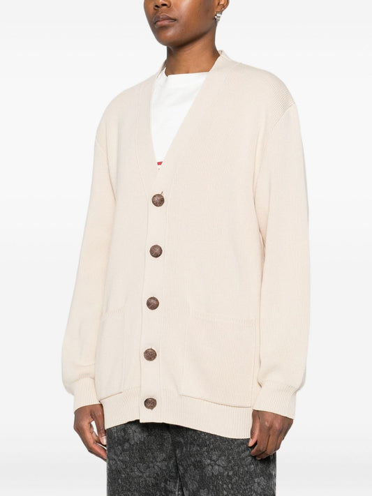 Golden Goose Sweaters Beige — Ribbed Cotton V‑Neck Cardigan