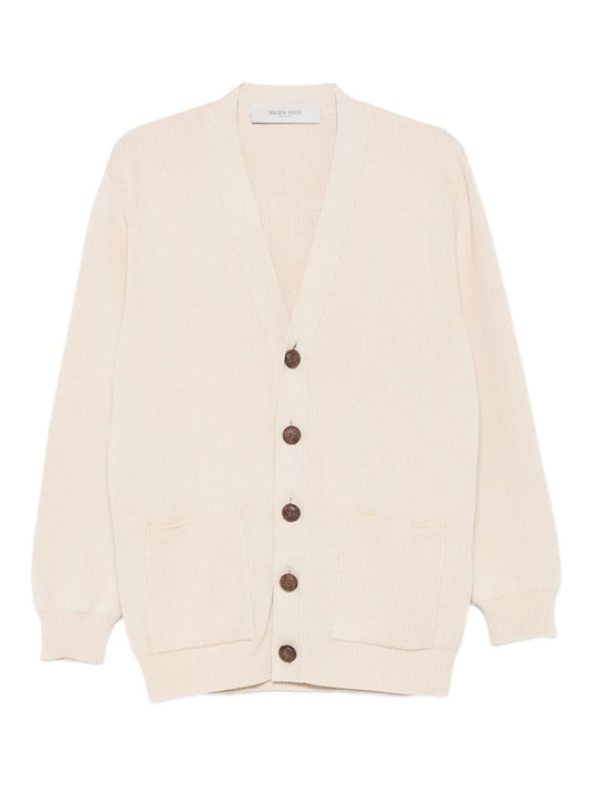 Golden Goose Sweaters Beige — Ribbed Cotton V‑Neck Cardigan