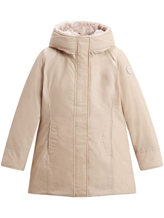 Woolrich Coats Beige — Silk & Nylon Faux Fur Parka