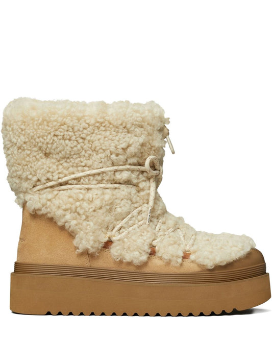 Beige Shearling Boots — Tory Burch Mellow Lace‑Up Comfort