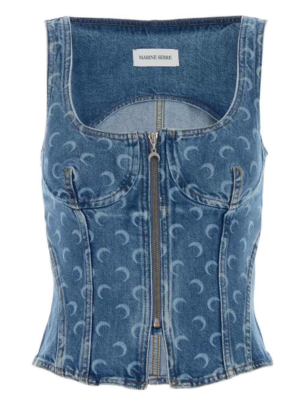 Marine Serre Moon Laser Denim Bustier Top Blue